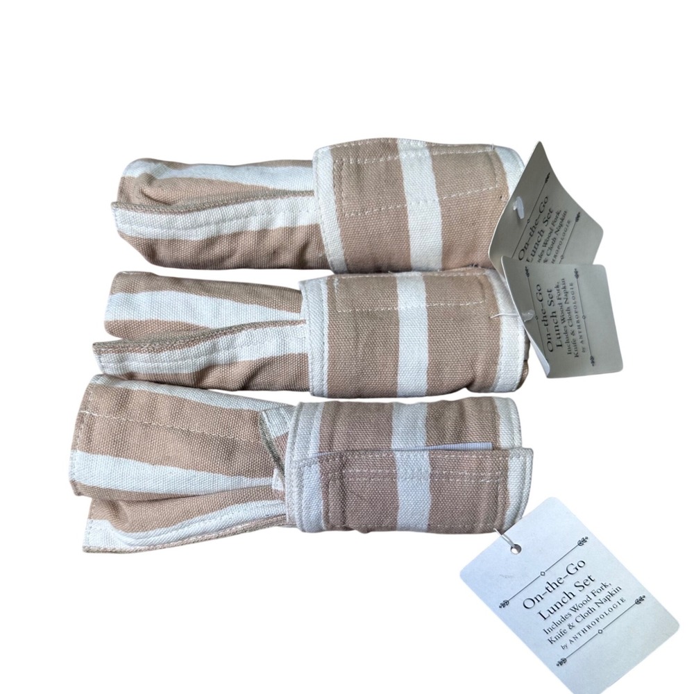 Anthropologie On-the-Go Lunch Set Tan White Striped Wood Utensils Napkin 3pk NEW